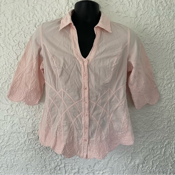 Soft Surroundings Women’s Work of Art Shirt Pink Scalloped Hem 3/4 Sleeve Small - Picture 2 of 8
